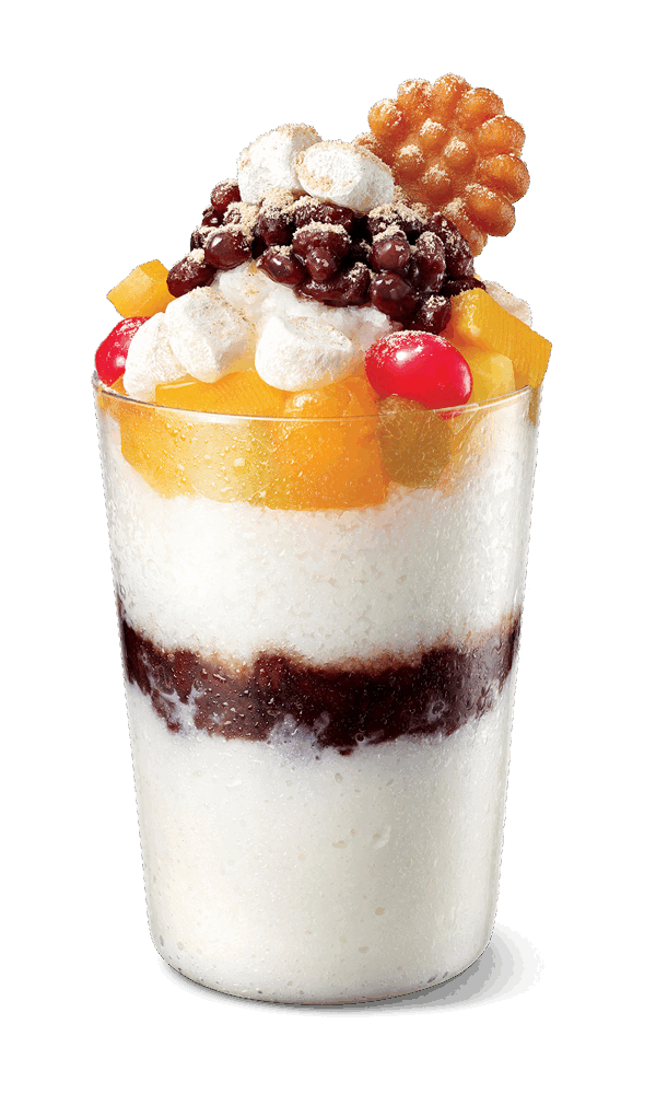 LOTTERIA Cup Bingsu layered with red bean paste, fruit cocktail and rice cakes